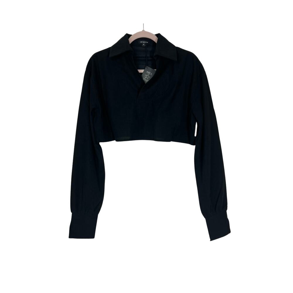 NWT Area Stars Black Cropped Long Sleeves‎ V-Neck Collar Waffle Knit Top Shirt S